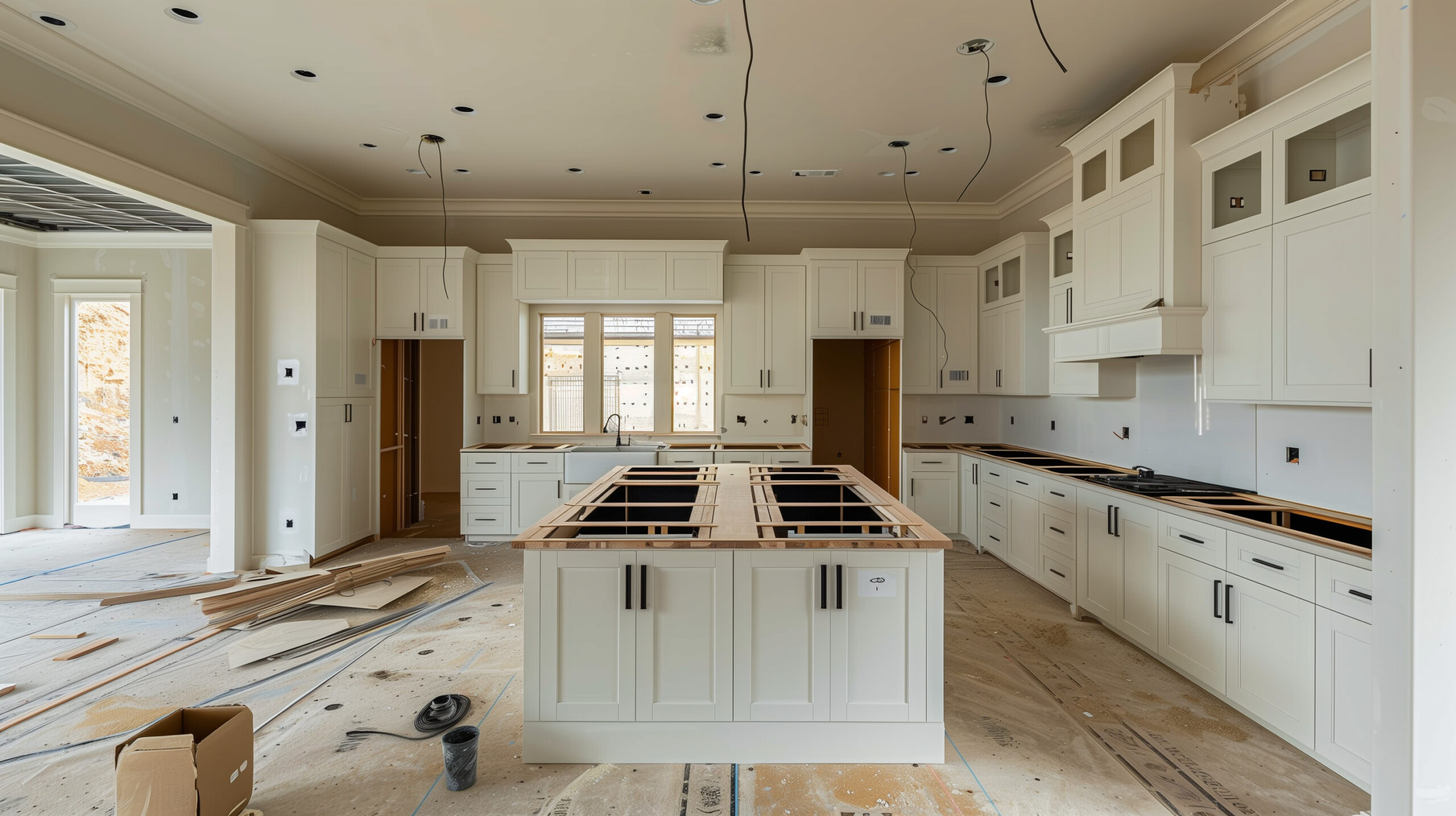 the kitchen features numerous cabinets, giving ample storage space for cookware and utensils. the cabinets are installed neatly, providing a functional and organized layout to the kitchen.