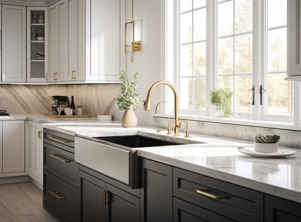 a luxurious kitchen with a large island, gold faucet and sputnik chandelier, stainless steel appliances, and white marble countertops. created with generative ai technology.
